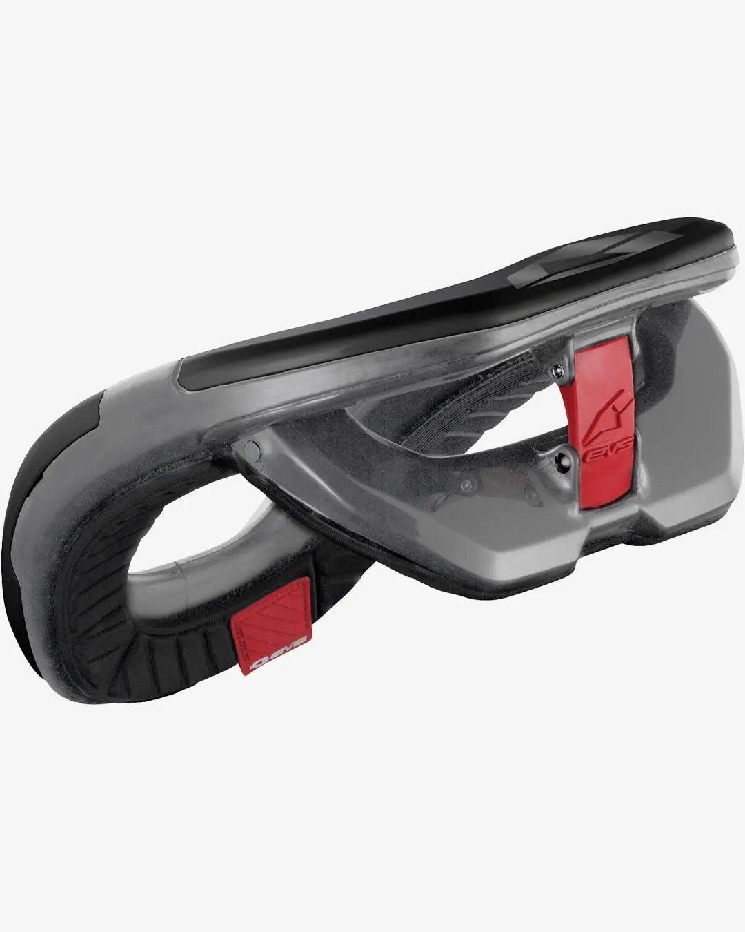 R4 Youth Race Collar neck protection by EVS Sports, gray/black neck brace with red release lever on Tampa Home & Garden Store