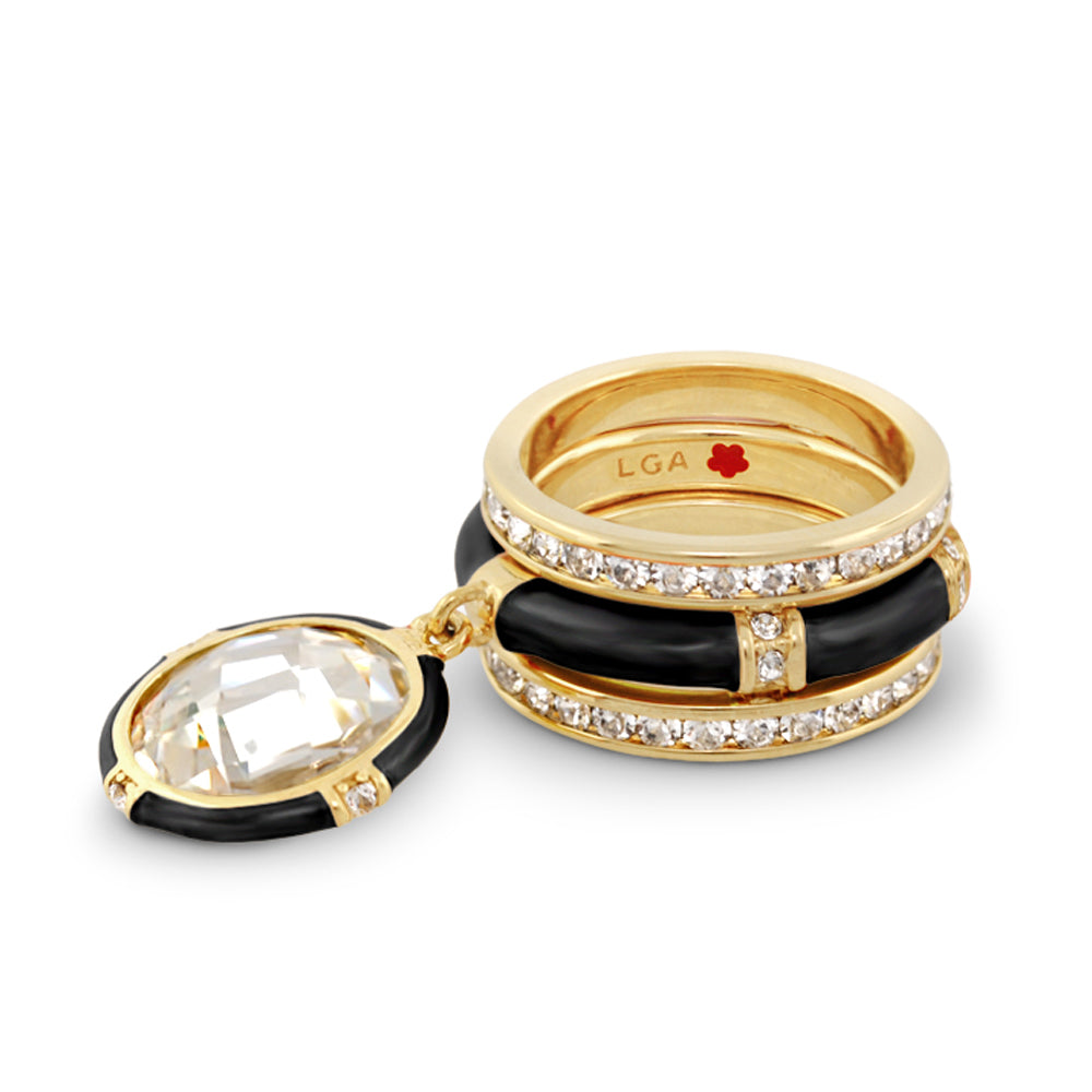 Prince Charming Ring Set gold-tone stackable rings with diamonds and black enamel pendant LGA on Tampa Home & Garden Store