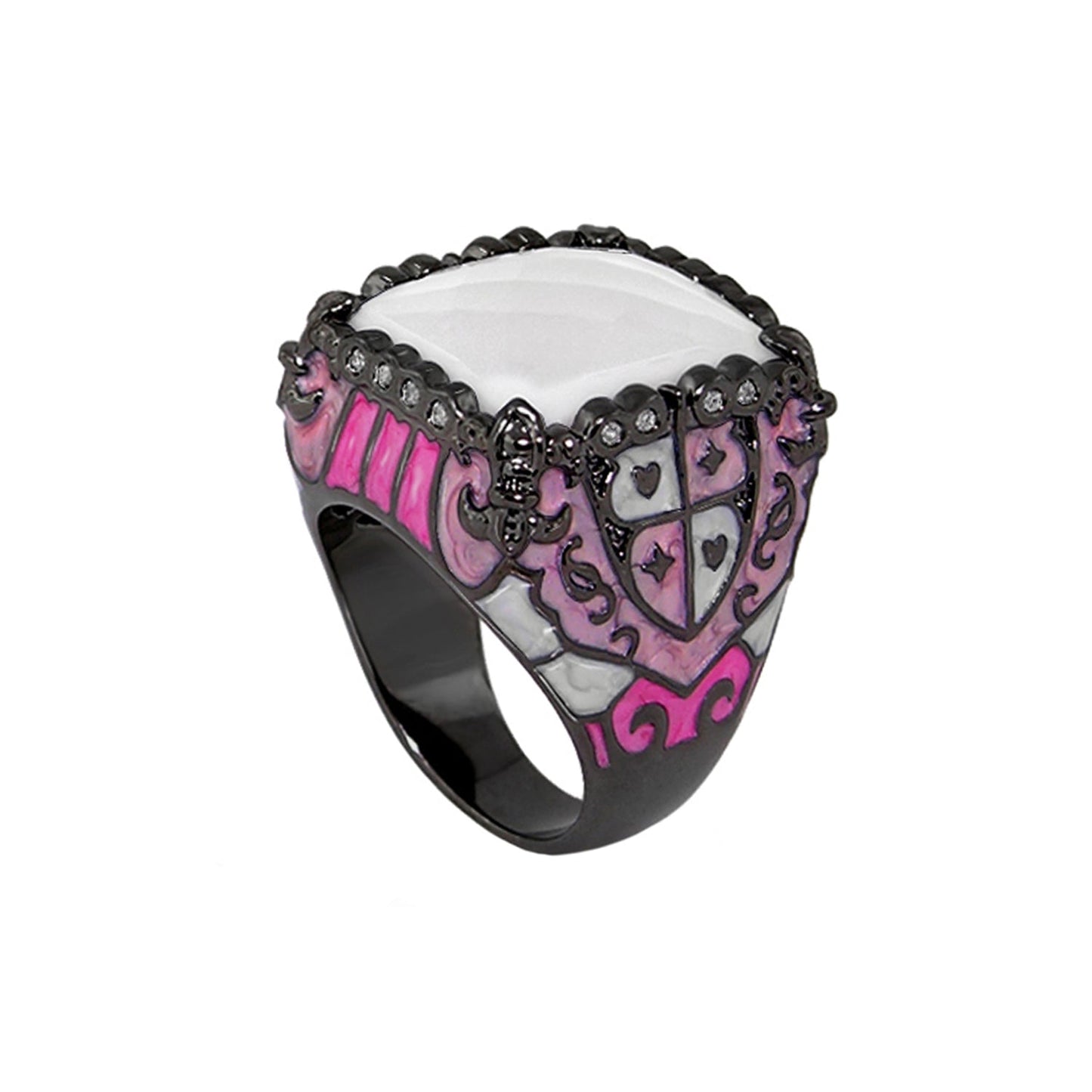 Knights of Love cocktail ring by Lauren G Adams with white stone and pink enamel on black band on Tampa Home & Garden Store