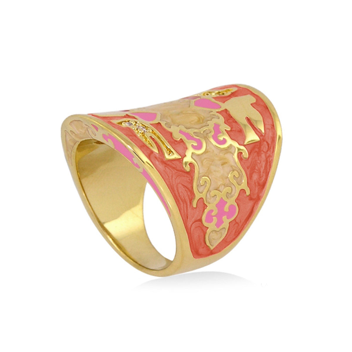 Peaceful Love Ring, Lauren G Adams statement ring in pink enamel with gold filigree on Tampa Home & Garden Store