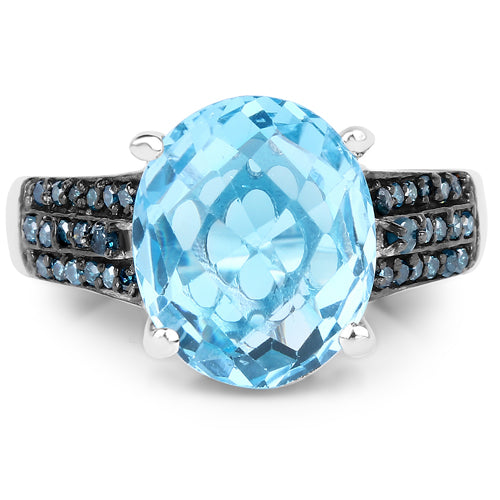 Ring with oval Swiss blue topaz center and blue diamond accents, sterling silver, Bids.com on Tampa Home & Garden Store