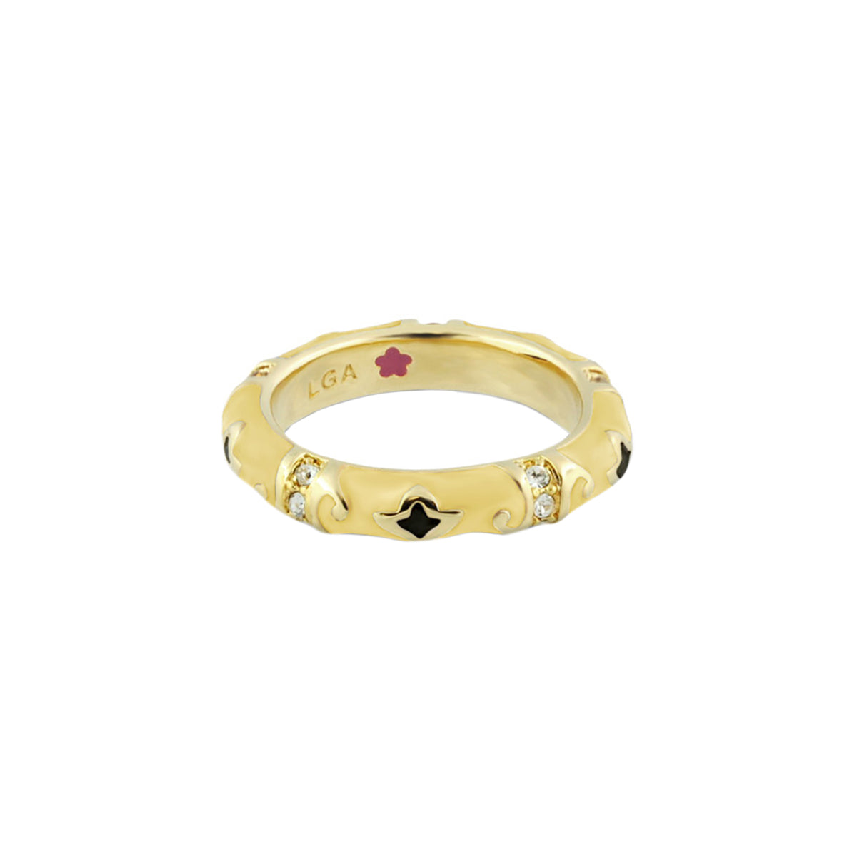 Stackable Fiesta Ring - Swirl & Petal Inlay, gold tone, black enamel accents LGA inside on Tampa Home & Garden Store