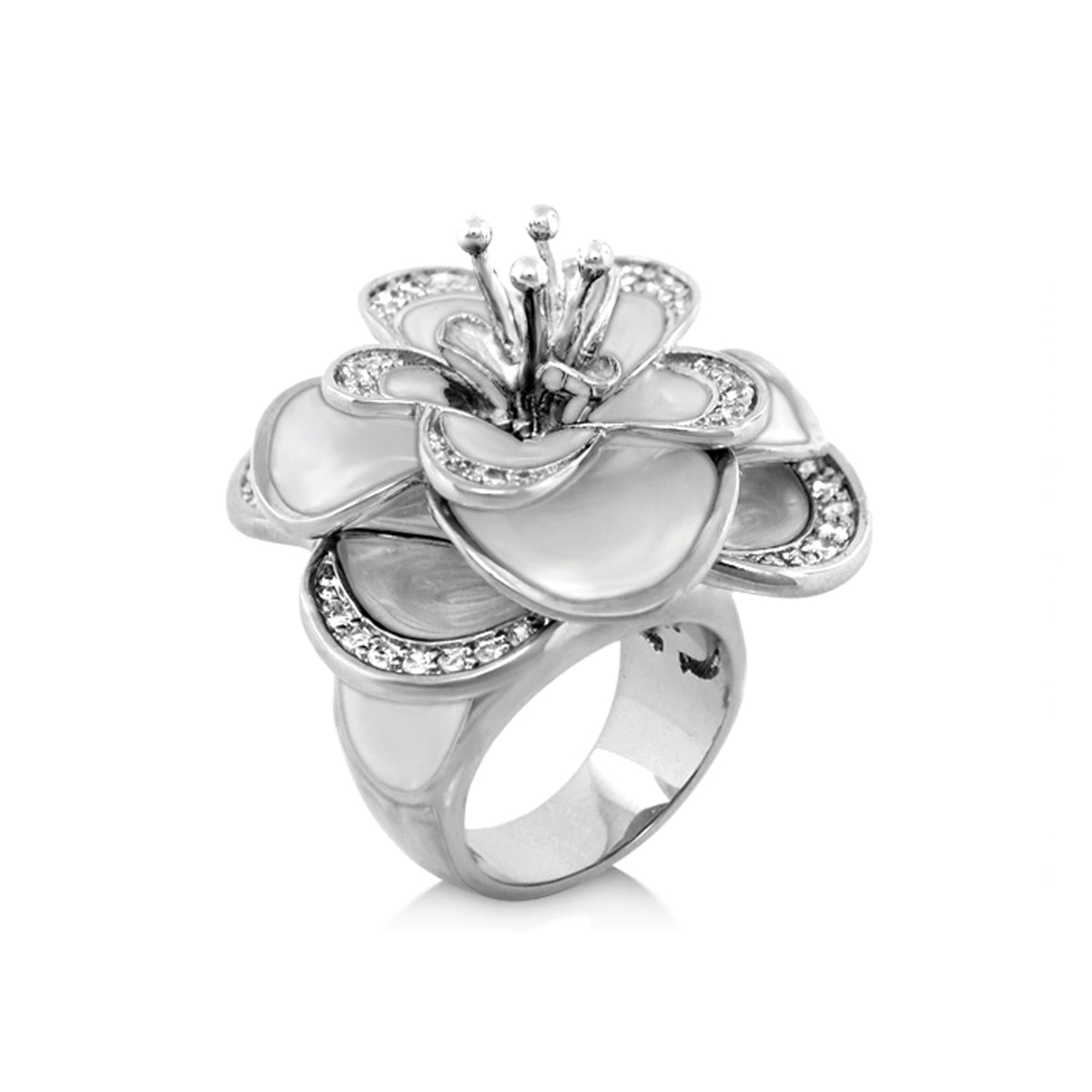 Butterfly World Yellow and Blue Flower Ring cocktail ring in silver with diamond-accent petals on Tampa Home & Garden Store