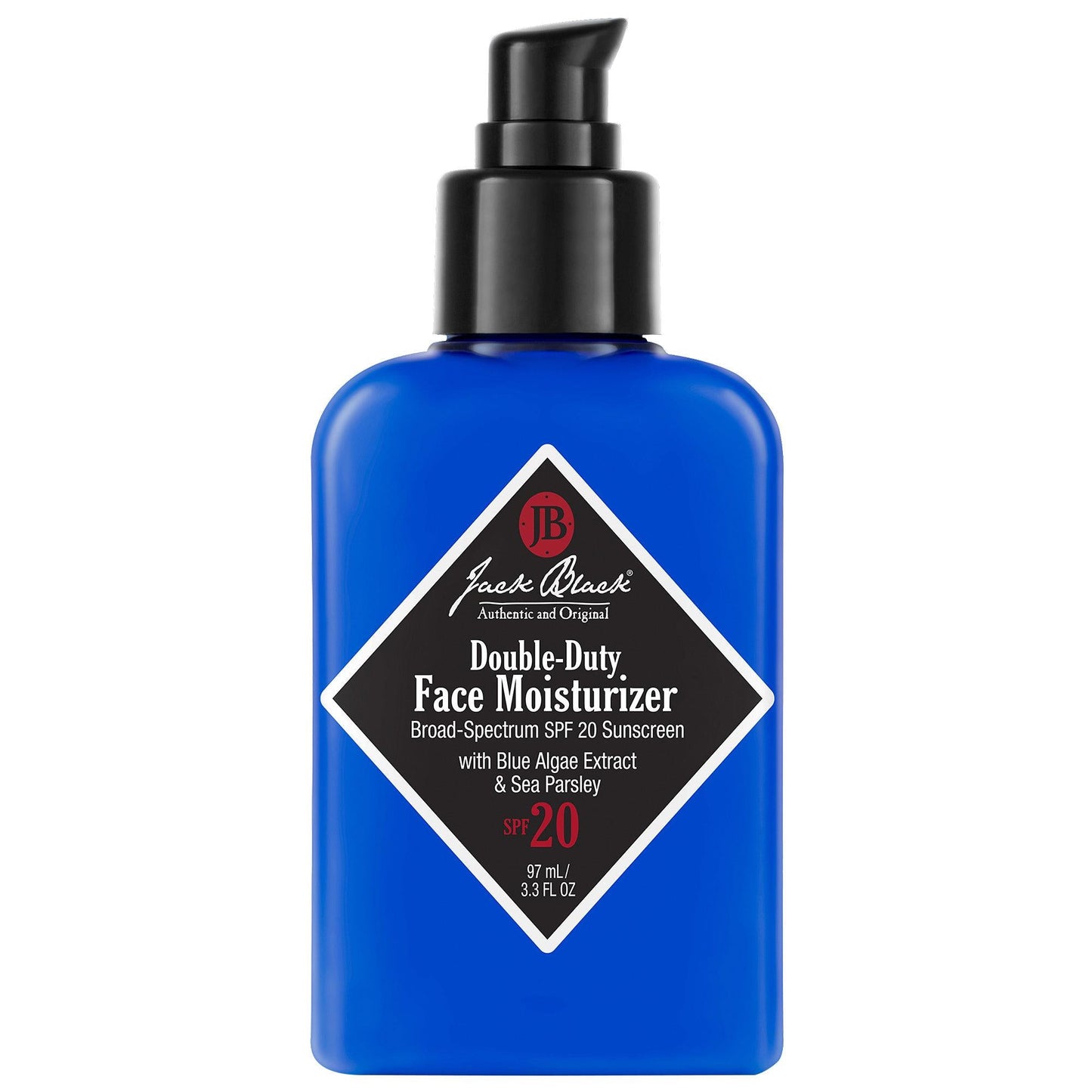 Jack Black Double-Duty Face Moisturizer SPF 20 in blue bottle with black pump on Tampa Home & Garden Store