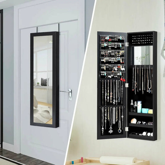 Full-length mirror jewelry cabinet with ring slots and necklace hooks, DirectDeals, black finish on Tampa Home & Garden Store