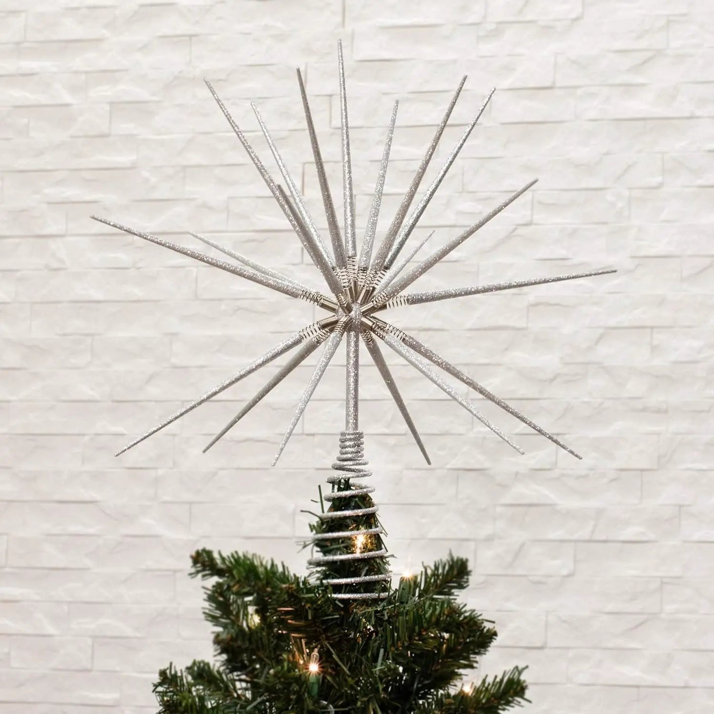 Silver Burst Tree Topper with Spike on Spring, glittery silver starburst for Christmas tree on Tampa Home & Garden Store