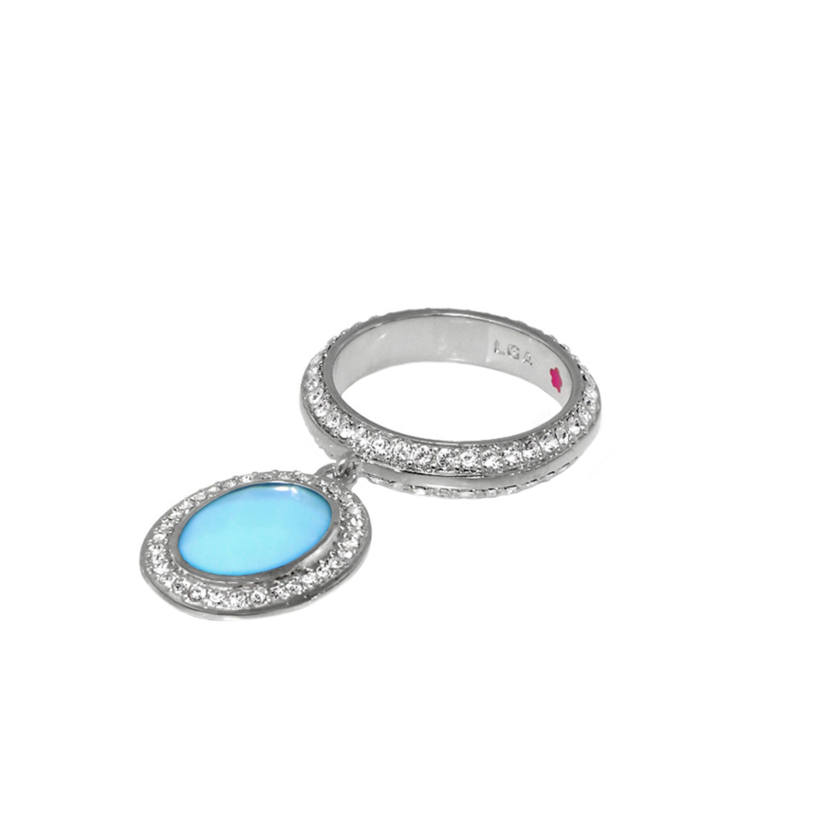 Stackable charm ring by Lauren G Adams with pavé crystals and a blue oval pendant, silver tone on Tampa Home & Garden Store