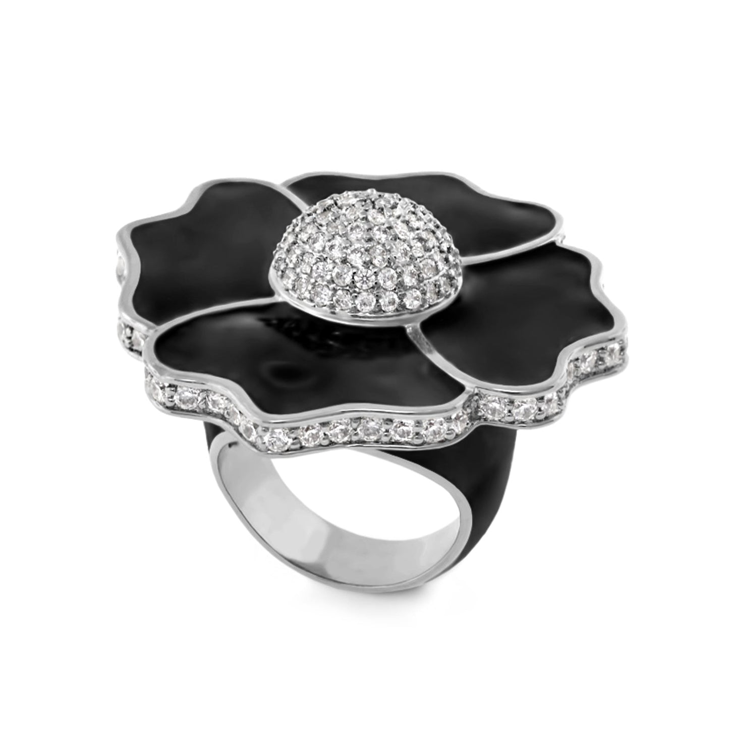 Poppy Love cocktail ring in black enamel flower with diamond pavรฉ dome by Lauren G Adams on Tampa Home & Garden Store