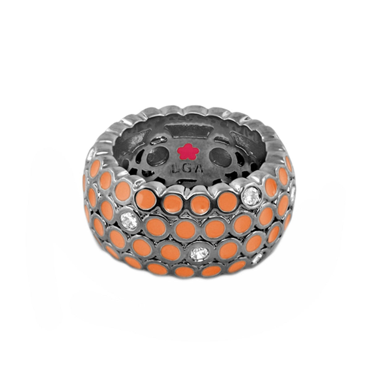 Fun Bubbles Band Ring enamel orange dot row on silver scalloped band by Lauren G Adams on Tampa Home & Garden Store