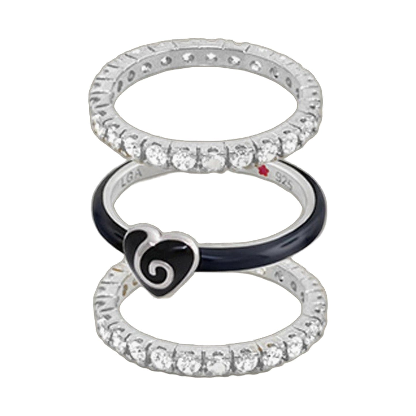 Layers of Love Ring Set of 3: diamond eternity ring, black silicone band, textured engraved silver ring on Tampa Home & Garden Store