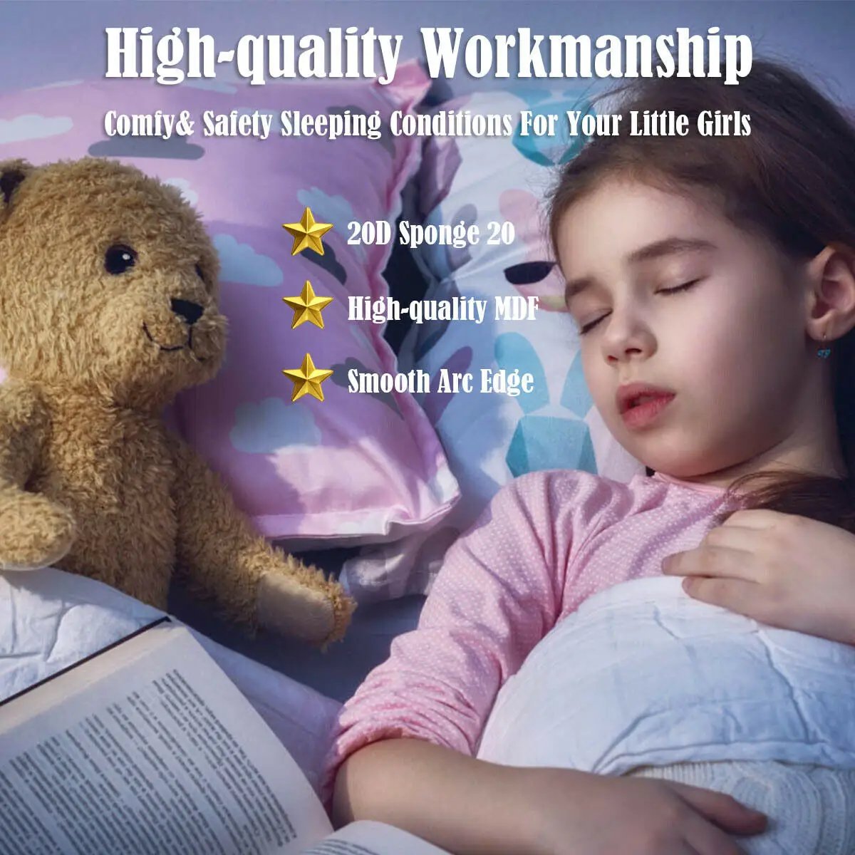 Kids upholstered bed for toddler girls with sleeping girl, pink bedding and teddy bear on Tampa Home & Garden Store