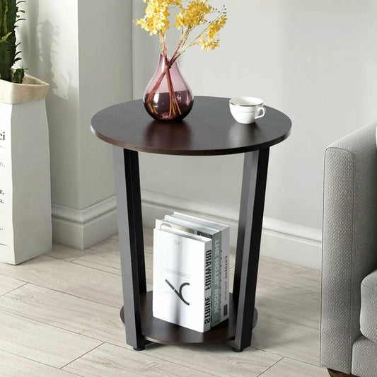 DirectDeals 2-Tier Round End Table, dark espresso top, black legs; vase on top, books below on Tampa Home & Garden Store
