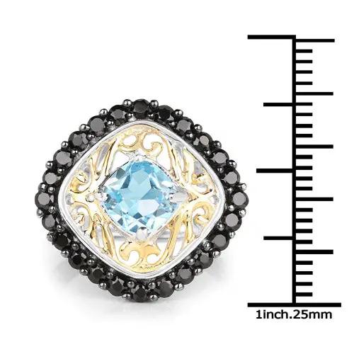 Two Tone Plated 2.85 Carat Genuine Swiss Blue Topaz and Black Spinel .925 Sterling Silver Ring - Tampa Home & Garden Store