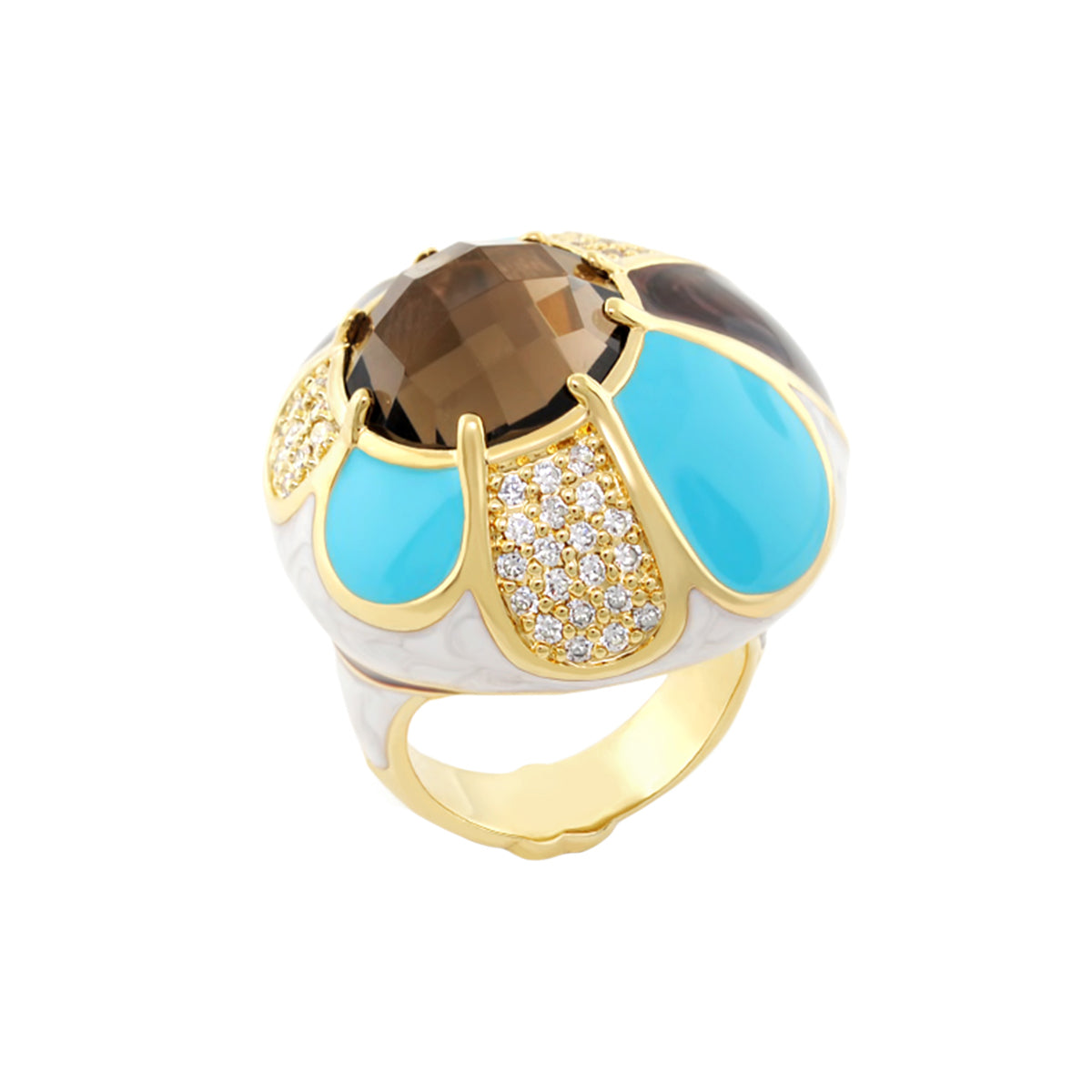 Field of Flowers Ring, gold tone with turquoise enamel petals and a faceted center stone on Tampa Home & Garden Store
