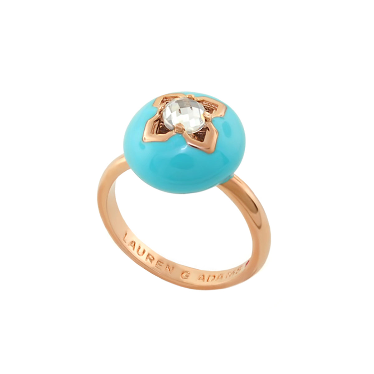 Starry Nights ring by Lauren G Adams; turquoise cabochon with clear gem on rose-gold band on Tampa Home & Garden Store