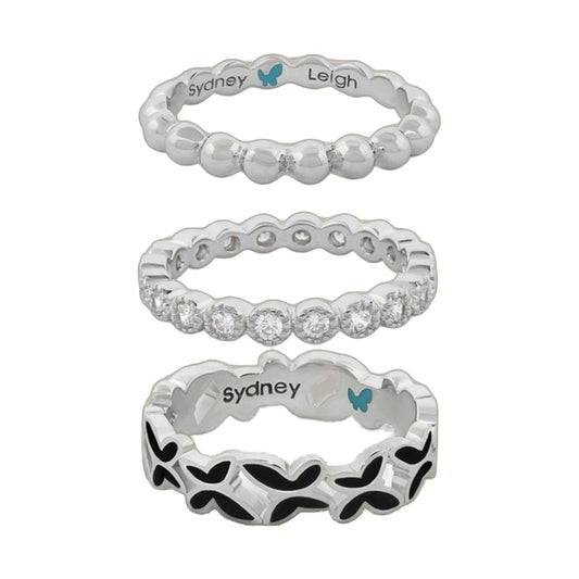 Set of 3 Sydney Leigh butterfly rings; beaded, crystal, and patterned bands on Tampa Home & Garden Store