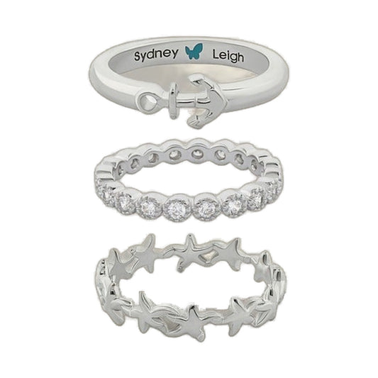 Sydney Leigh starfish and anchor rings set of 3 in silver tone nautical jewelry on Tampa Home & Garden Store