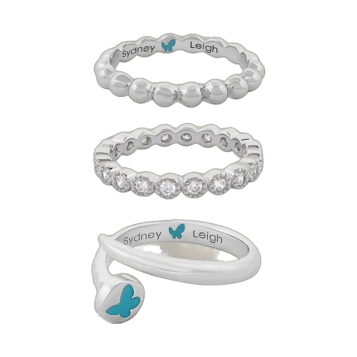 Sydney Leigh Nail Rings Set of 3, silver-tone beaded rings with crystals; butterfly logo inside on Tampa Home & Garden Store