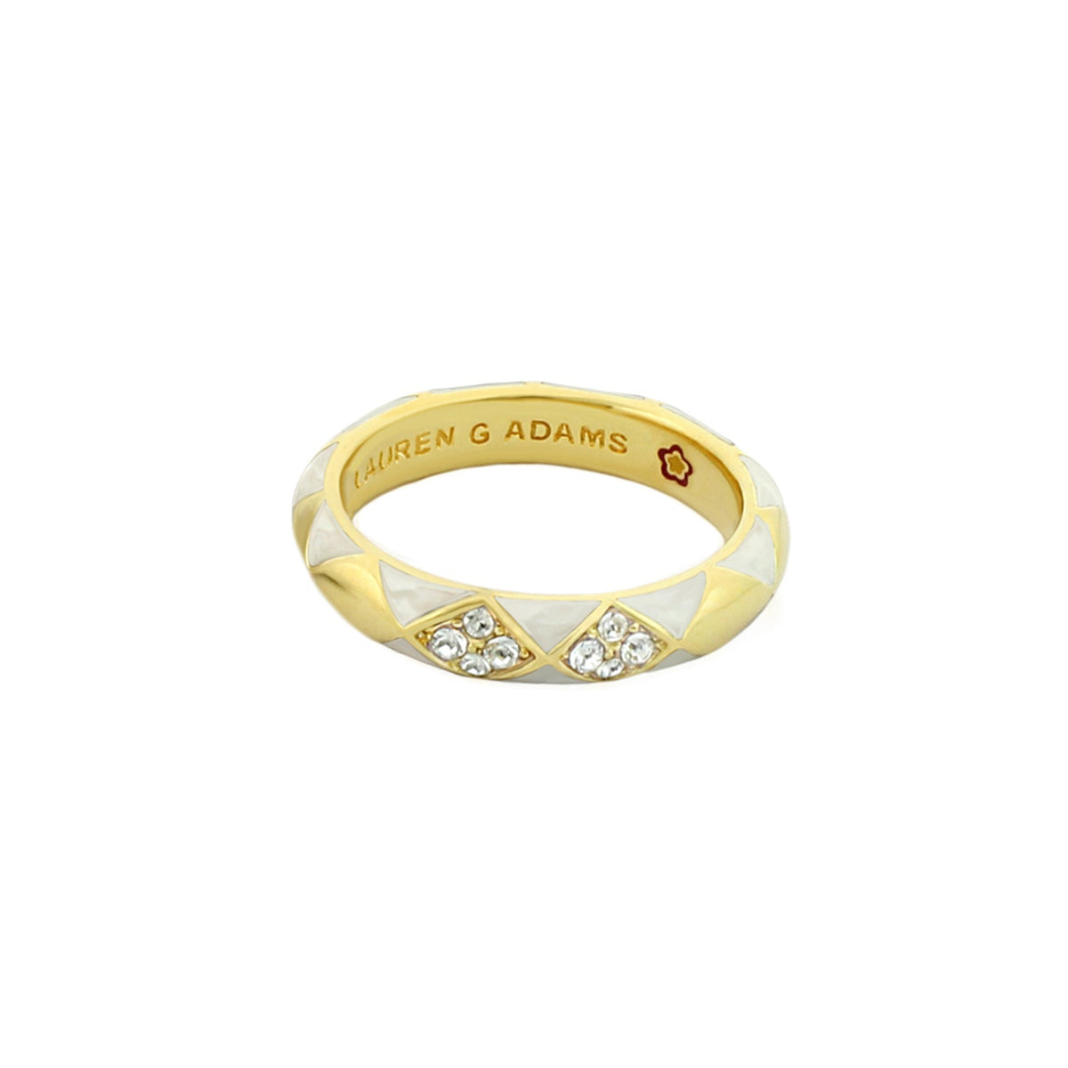 Twisted Passion Ring by Lauren G Adams, gold stackable white enamel triangles and crystals on Tampa Home & Garden Store