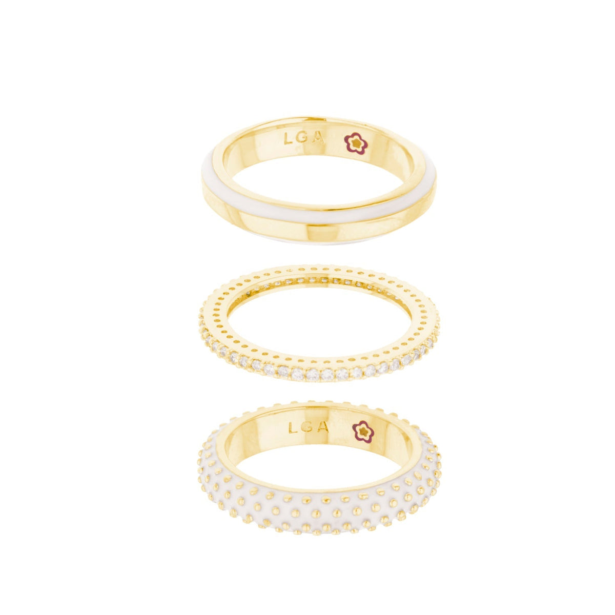 Yellow Bumble Ring Set by Lauren G Adams, four gold rings with white enamel and diamond accents on Tampa Home & Garden Store