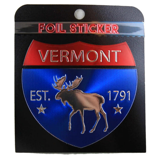 Vermont Interstate embossed foil sticker blue shield moose emblem with red text on Tampa Home & Garden Store