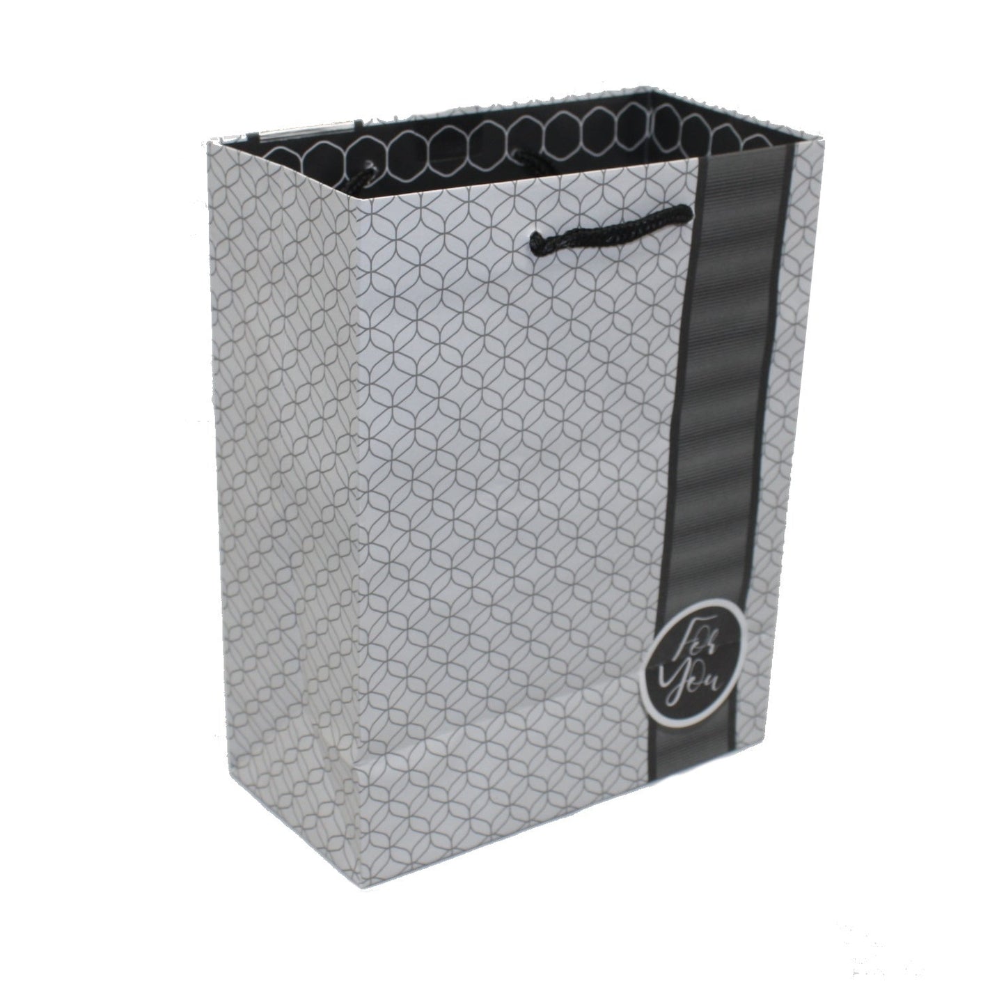Modern Foil Stripe Gift Bag with gray pattern and black ribbon by The Country Christmas Loft on Tampa Home & Garden Store