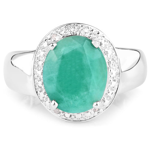Emerald and white diamond halo ring in 925 sterling silver featuring a 4.72ct emerald center on Tampa Home & Garden Store