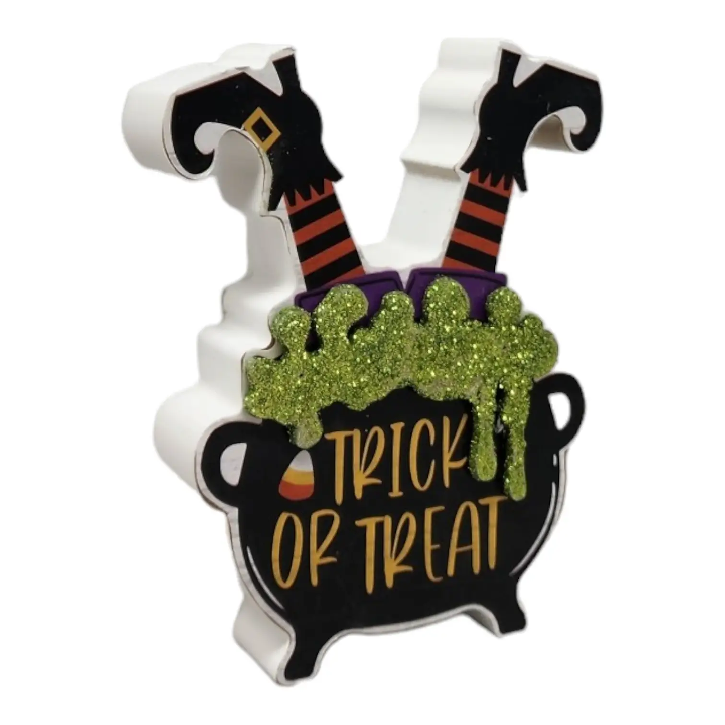 Halloween Trick or Treat Cauldron Block Decor with striped stockings and glittery green accents on Tampa Home & Garden Store