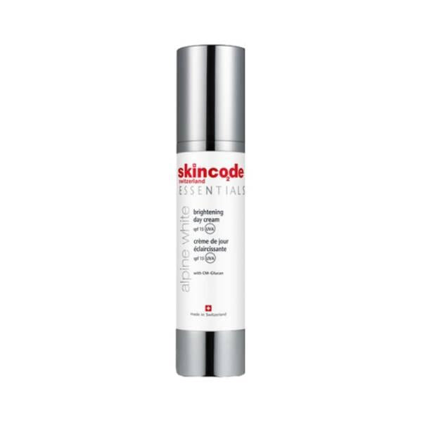 Skincode Essentials brightening day cream SPF15 bottle with white label and silver cap on Tampa Home & Garden Store