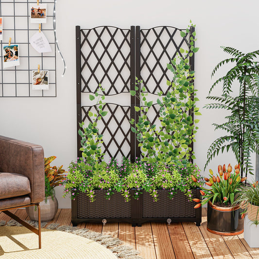 PE Rattan Raised Garden Bed with Trellis Planter Box for Climbing Plants-Brown