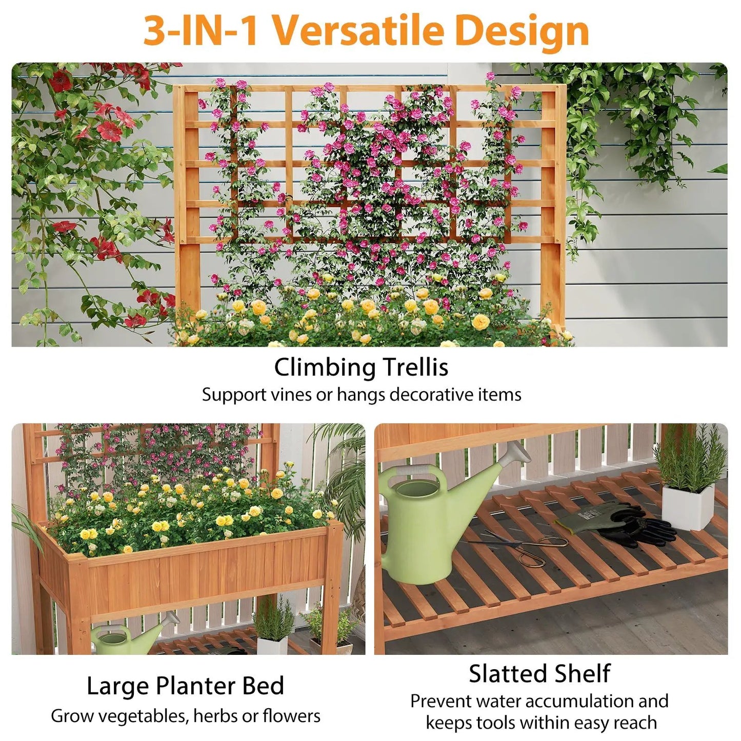 Raised wooden planter bed with trellis on legs, pink roses climbing the lattice on Tampa Home & Garden Store
