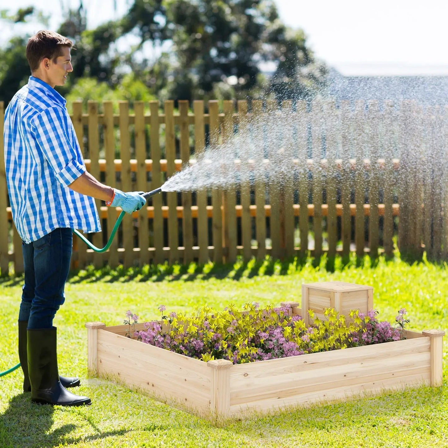 49 x 49 x 10 Inch Raised Garden Bed with Compost Bin and Open-ended Bottom-Natural - Tampa Home & Garden Store