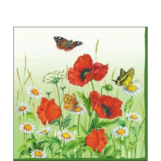 Poppy Green Paper Cocktail Napkins with red poppies, white daisies and butterflies on Tampa Home & Garden Store