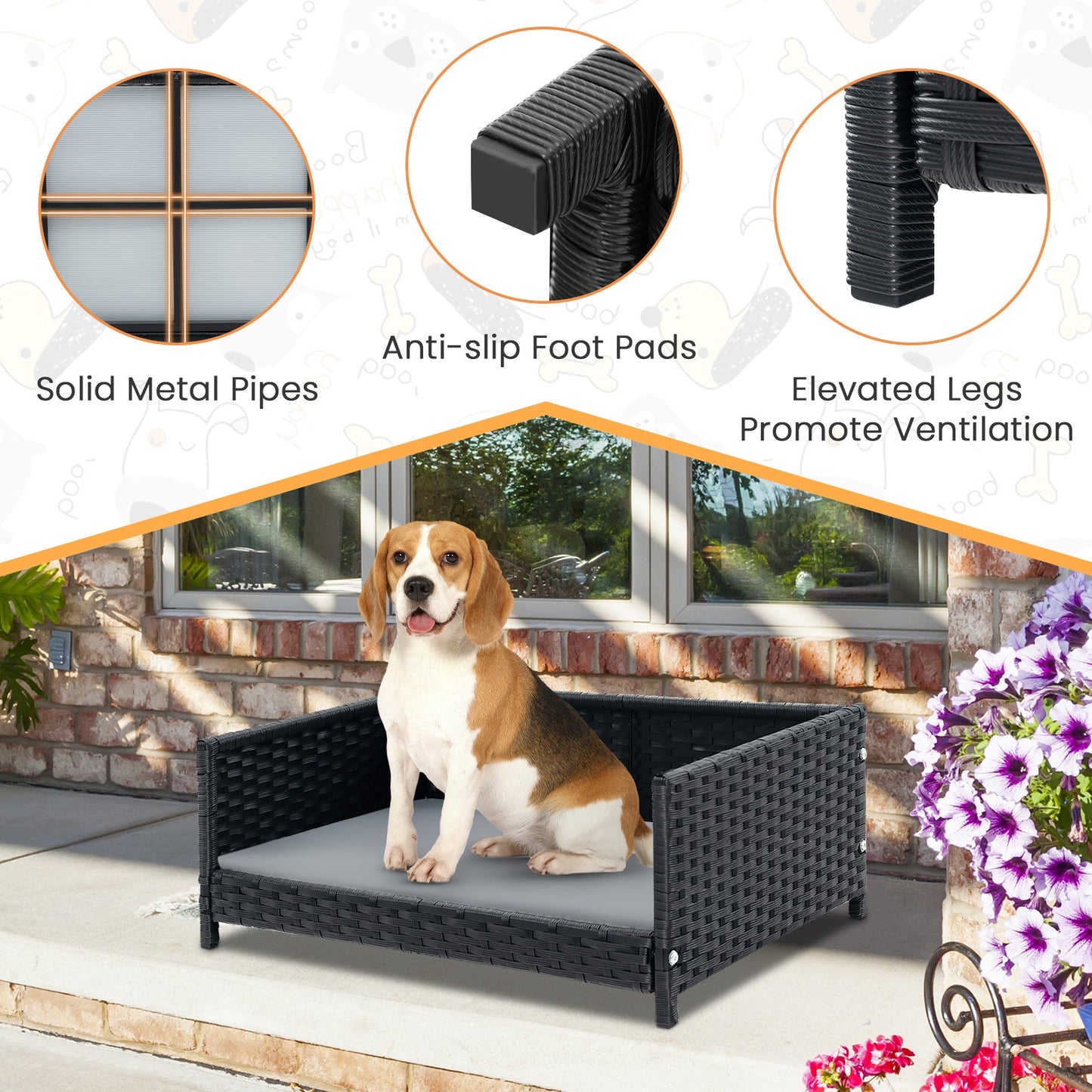 Rattan dog bed with gray waterproof cushion for medium dogs, DirectDeals black wicker cot on Tampa Home & Garden Store