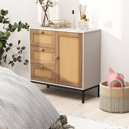Rattan sideboard cabinet with 1 door and 3 drawers, natural frame, caned panels, white top on Tampa Home & Garden Store
