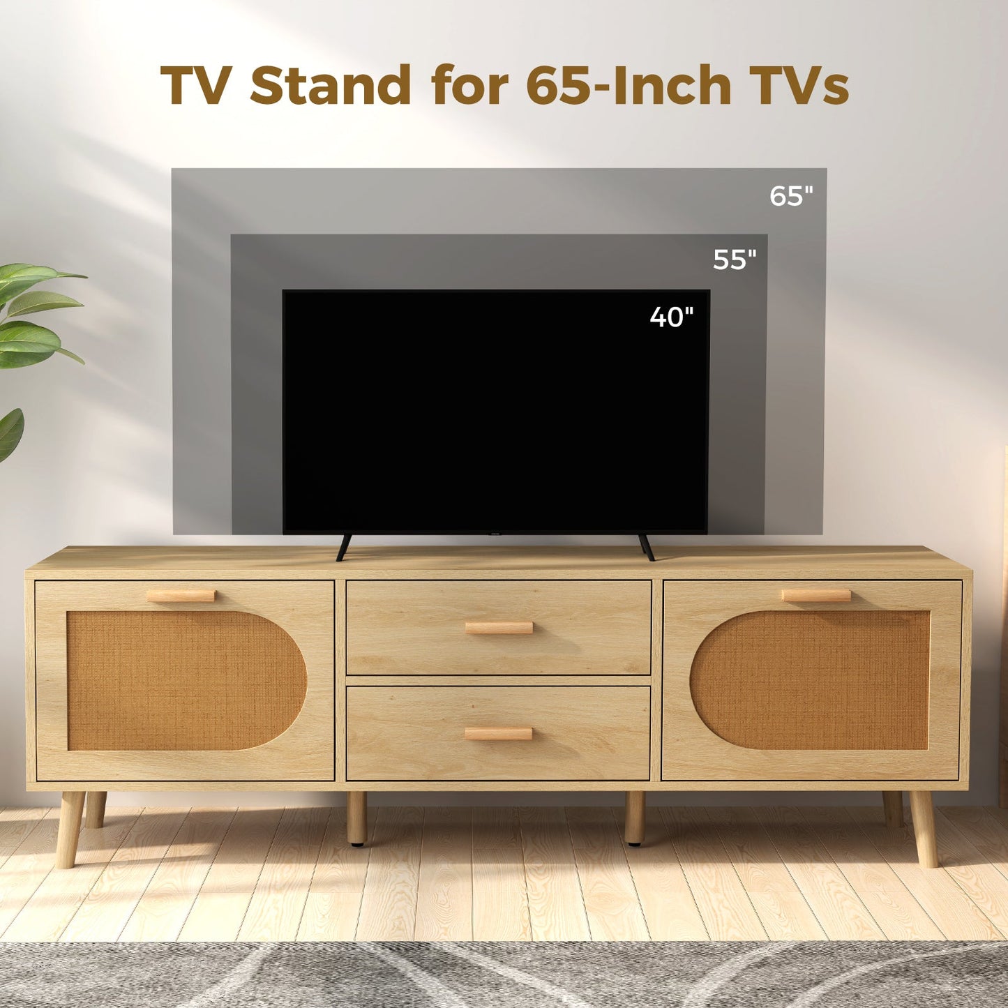 Mueble de TV de ratán para televisores de 65 pulgadas con cajones y patas de madera maciza - Natural