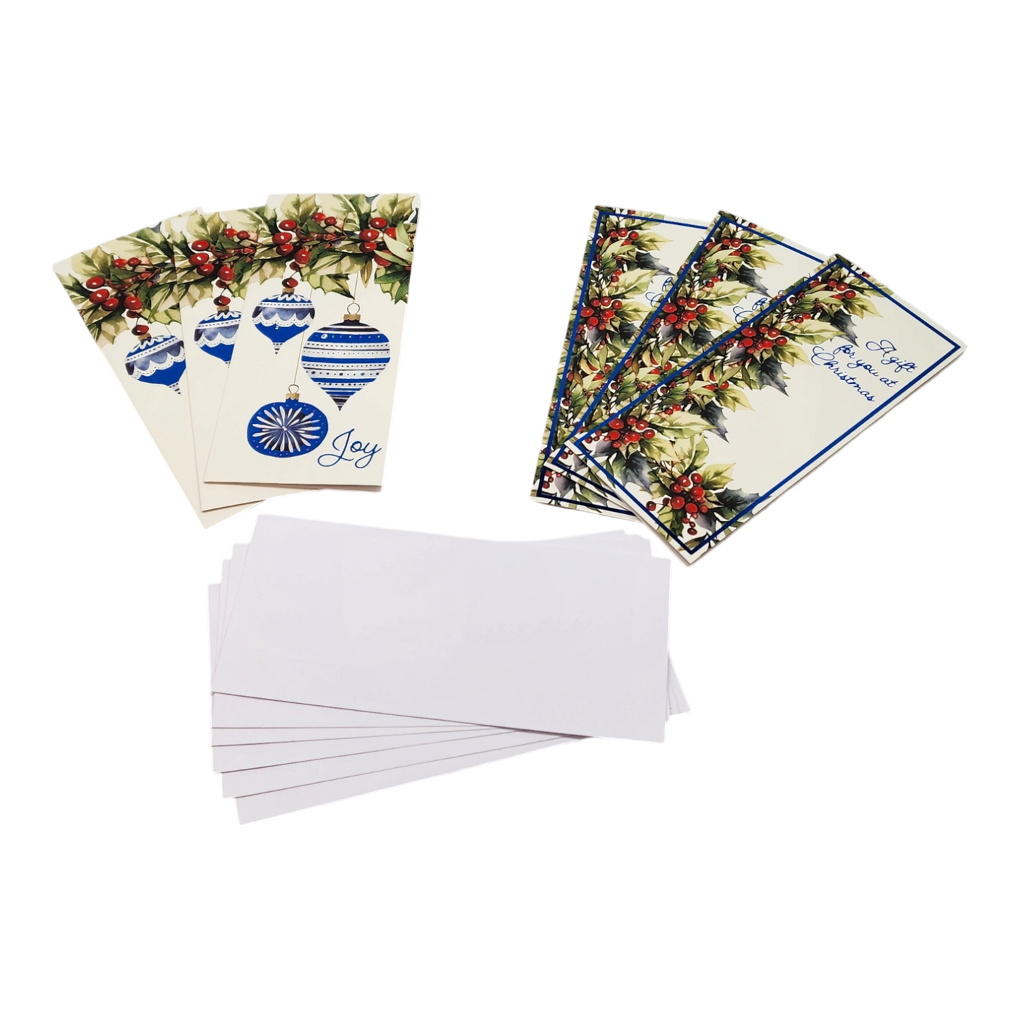 Christmas money card holders with holly and blue ornaments by Country Christmas Loft; envelopes on Tampa Home & Garden Store