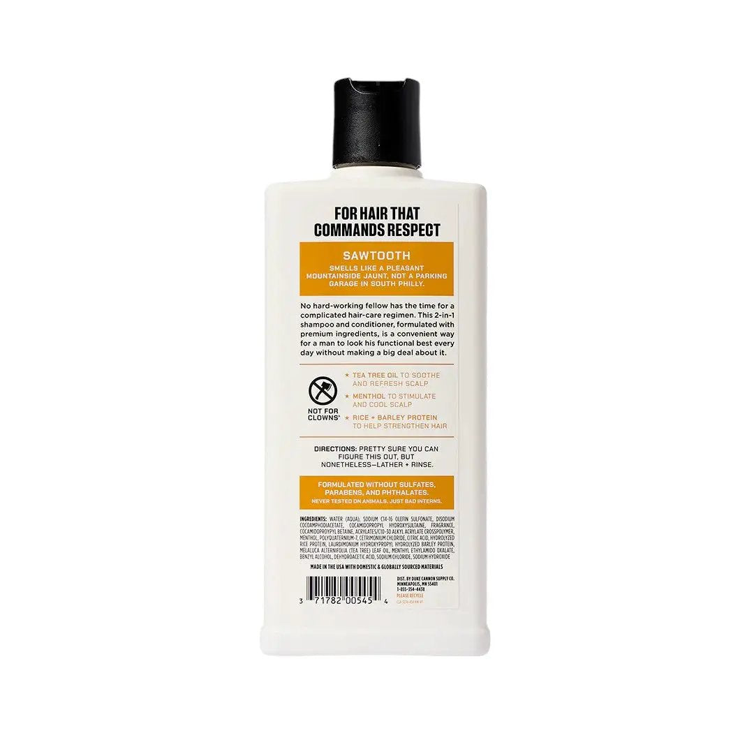Duke Cannon Sawtooth Shampoo & Conditioner bottle, white plastic with black cap, hair care set on Tampa Home & Garden Store