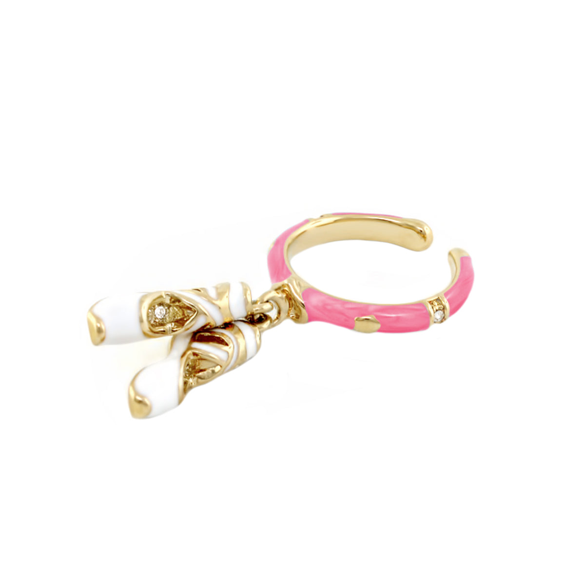 Beautiful Ballet Ring pink enamel open-band with white bow charm and gold-tone accents on Tampa Home & Garden Store