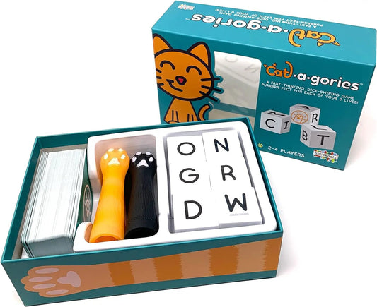 Cat-a-gories fast-thinking dice-swapping game in teal box with orange cat graphic, letter tiles and paw print artwork on Tampa Home & Garden Store