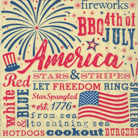 Fourth of July paper cocktail napkins with red, white, blue fireworks and stars & stripes design on Tampa Home & Garden Store