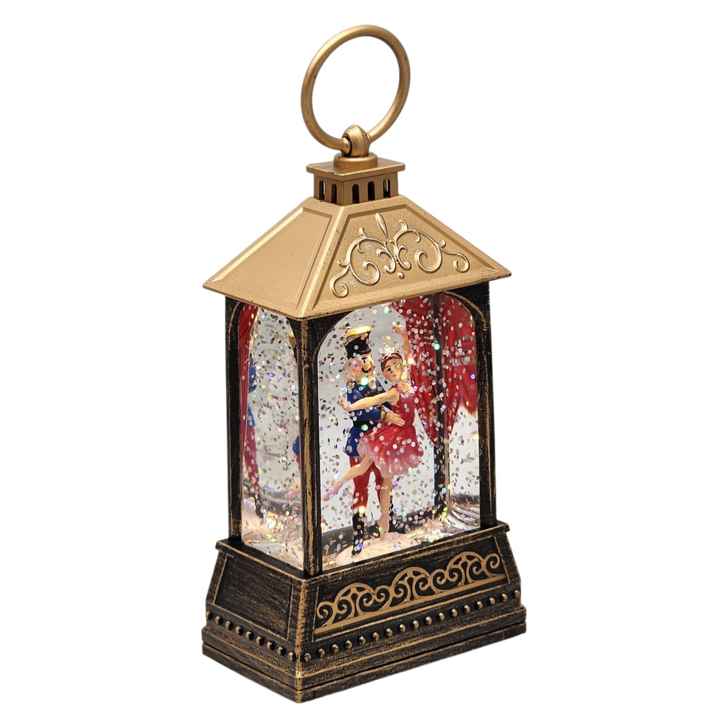 Classic Nutcracker Ballet Lighted Snow Globe with gold lantern top and festive scene inside on Tampa Home & Garden Store