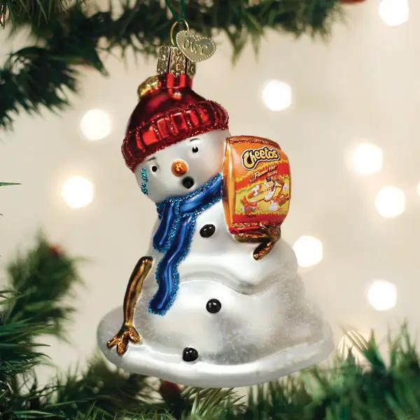 Flamin' Hot Cheetos Snowman Glass Ornament red knit hat blue scarf with Cheetos bag on Tampa Home & Garden Store