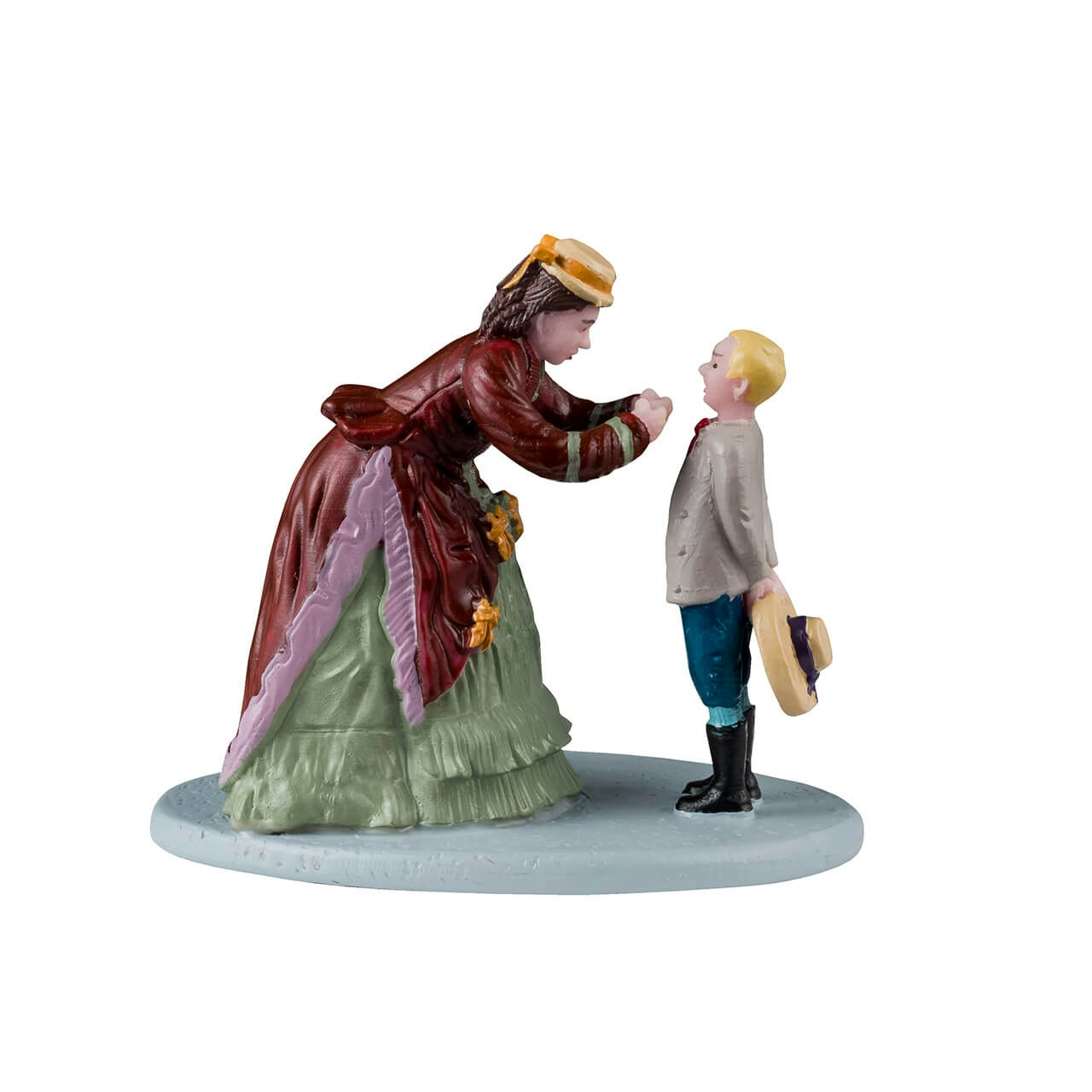 So Handsome Mother and Son Figurine, burgundy dress mother leans to blond boy in gray coat on Tampa Home & Garden Store