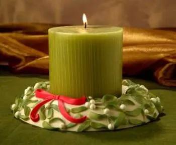 Mistletoe Pillar Candle Wreath Holder with candle, mistletoe leaves and red ribbon Loft on Tampa Home & Garden Store