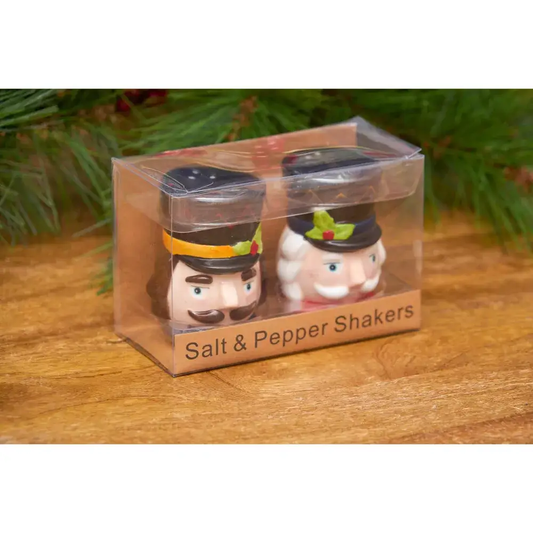 Nutcracker Salt & Pepper Shaker Set, 2-piece shakers in nutcracker figures with black hats on Tampa Home & Garden Store