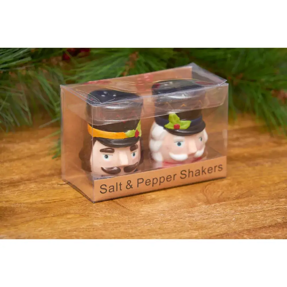 Nutcracker Salt & Pepper Shaker Set, 2-piece shakers in nutcracker figures with black hats on Tampa Home & Garden Store
