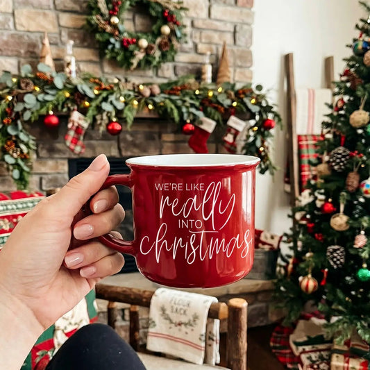 Mug Gia Roma red ceramic with white festive script we're like really into Christmas on Tampa Home & Garden Store
