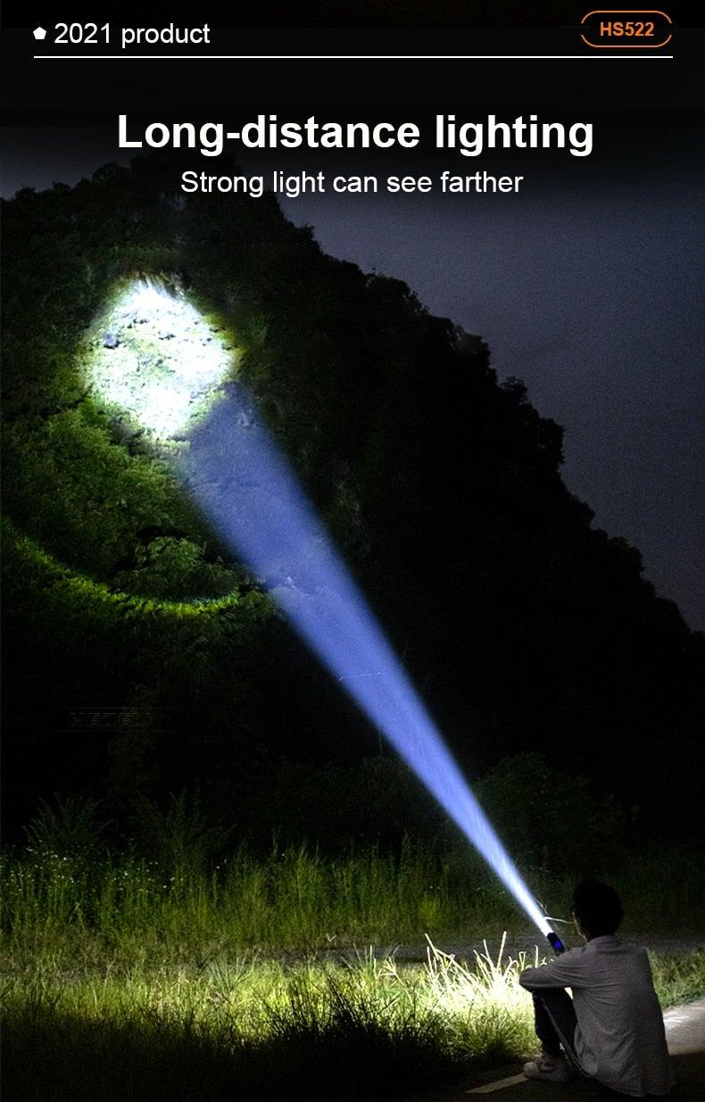 Stevvex rechargeable LED flashlight handheld torch with bright blue beam outdoors at night on Tampa Home & Garden Store