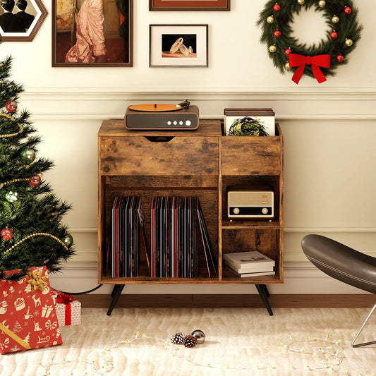 Record Player Stand with Power Outlet Brown rustic wood with a top turntable and vinyl storage on Tampa Home & Garden Store
